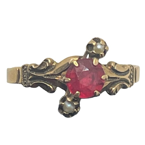 Victorian antique 10k red stone & seed pearl ornate design ring size 6.5